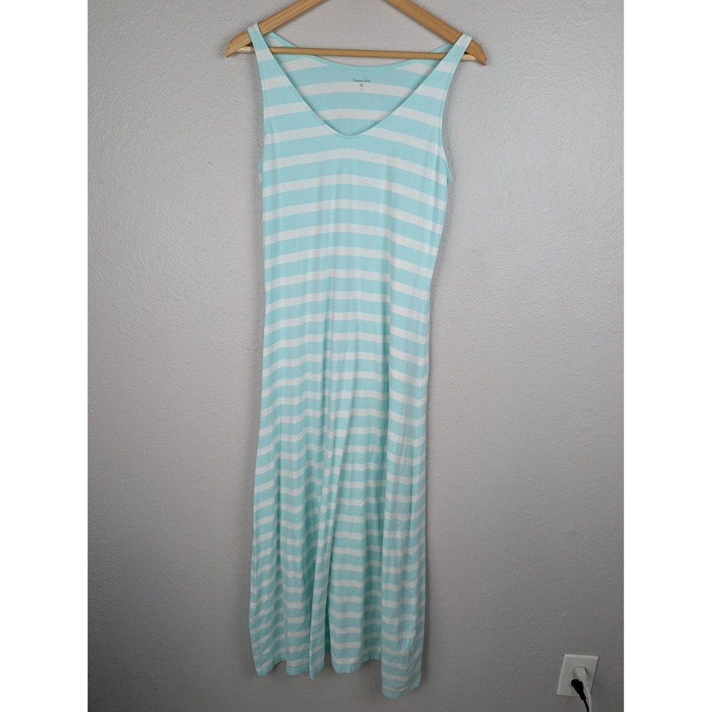 Garnet Hill Women Aqua Blue White Striped Sleeveless V-Neck Maxi Dress Small